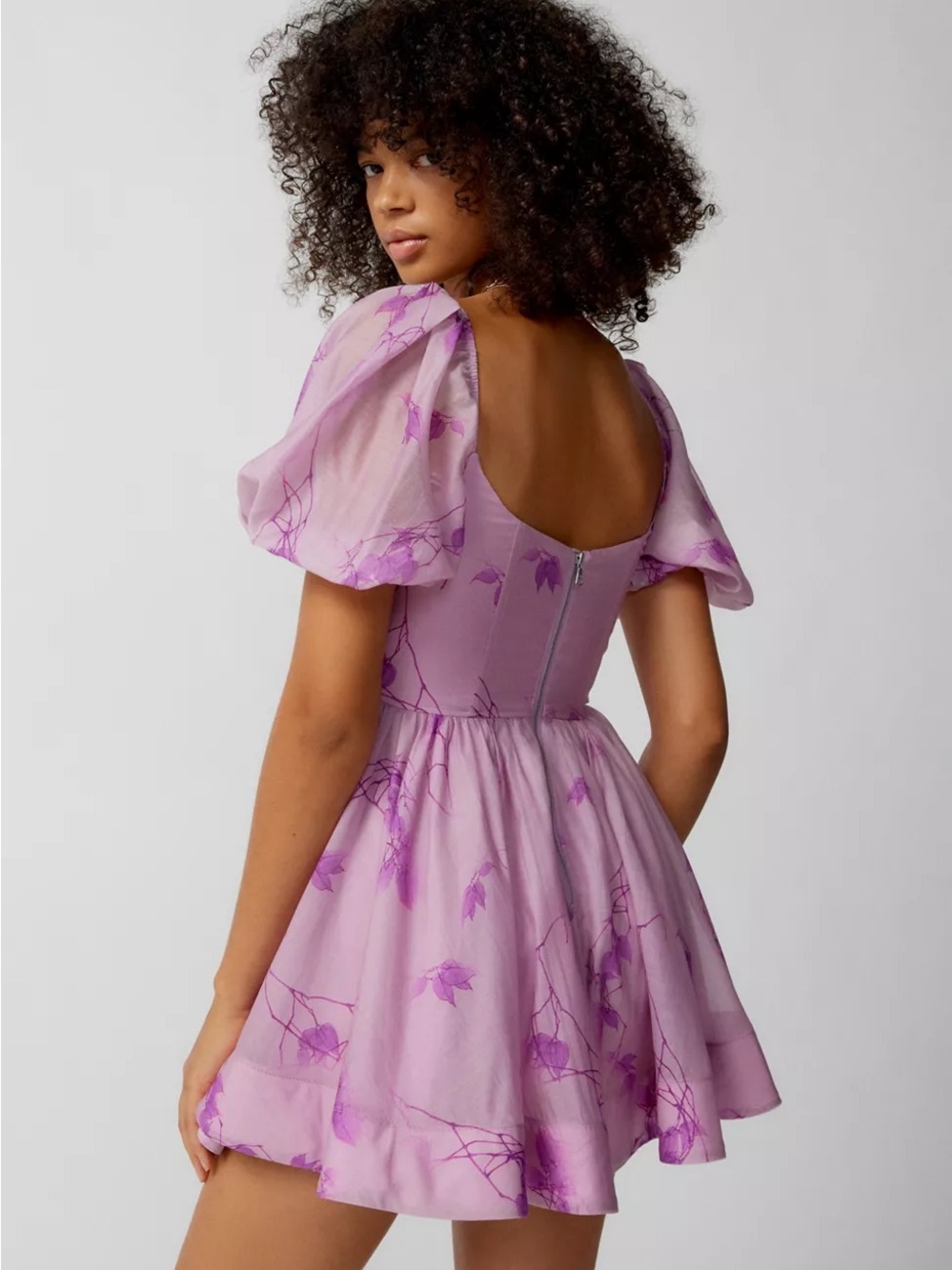 Whimsical Garden Party Fairy Bardot Kiah Corset Mini Dress Purple Floral Puff - Picture 4 of 16
